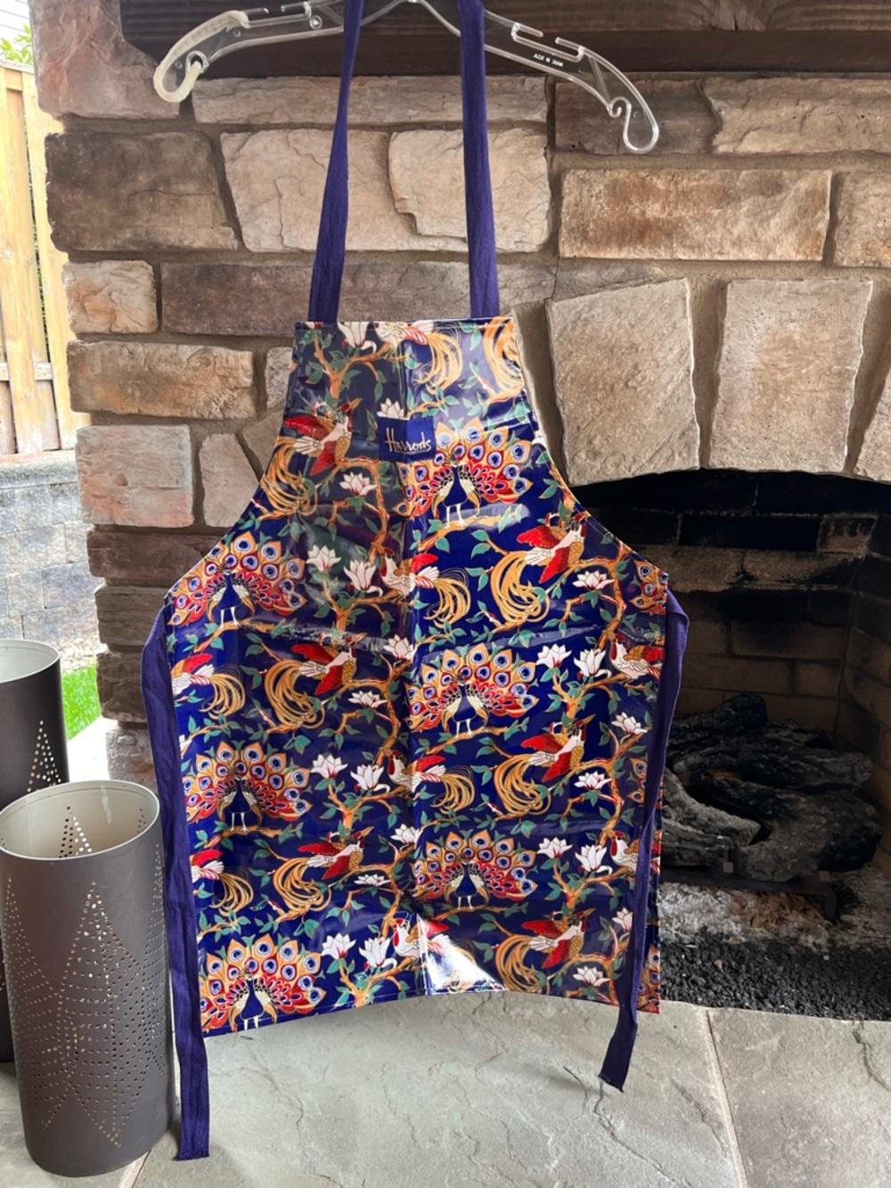 Harrods Peacock-Print Apron in Navy with Purple Ties Spill Proof